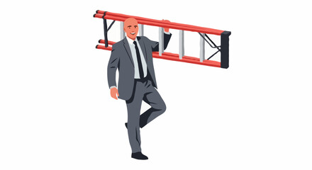 Cartoon bald businessman carrying red ladder, smiling confidently. Symbolizes ambition, progress, or problem-solving. Ideal for business, career, or motivational concepts. Dynamic vector style.