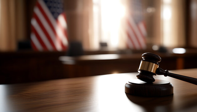 Gavel on a polished wooden desk with American flags in the background. Symbolizes justice, law, and legal proceedings in a formal setting. - Powered by Adobe