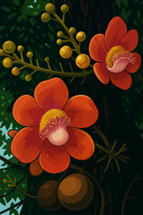 A detailed digital illustration of the Cannonball Tree flower, known for its striking appearance. The image showcases bright red-orange petals with a unique pink and yellow stamen structure at the cen