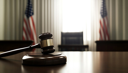 Gavel on desk with American flags in background, symbolizing justice and law in the courtroom, ready for legal proceedings.