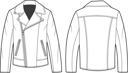 Biker leather jacket cad drawing, front and back technical fashion sketch, flat vector illustration for garment design templates