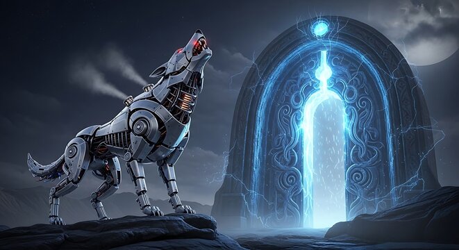 Cybernetic Wolf Howling at Ethereal Portal Under a Mystical Moonlit Sky. - Powered by Adobe