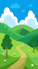 Obraz premium Cartoon landscape with path hills trees and clouds