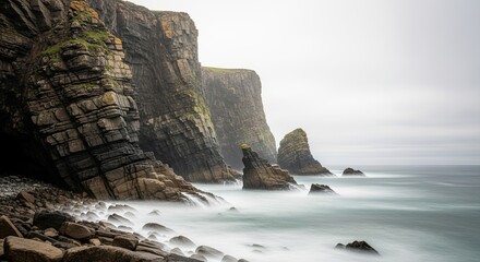 Misty Seascape with Rugged Cliffs and Ocean Waves