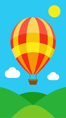 Naklejka premium Illustration of a hot air balloon over green hills