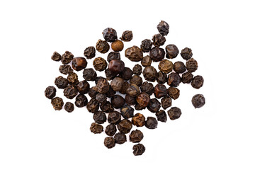 Black peppercorns on white background