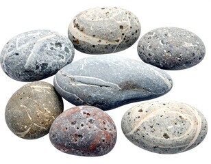A collection of assorted smooth stones, arranged in a semi-circular pattern, each displaying unique color patterns and textures
