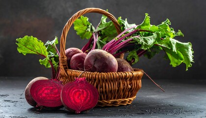 A rustic wicker basket overflows with vibrant red beets, some whole and others sliced, revealing their deep crimson interior, with green leafy tops
