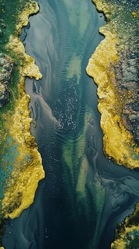 Aerial View of Vibrant Green and Blue River Landscape Highlighting Natural Beauty, Geology, and Ecological Patterns