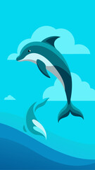 Fototapeta premium Two dolphins jumping out of the ocean with clouds