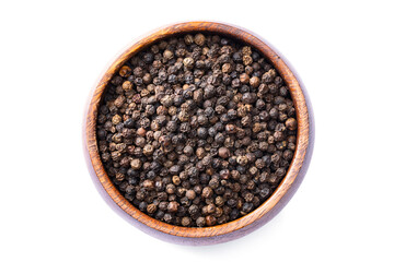 Black peppercorns on white background	