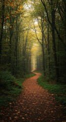 Fototapeta premium A winding path disappears into a dense forest, inviting escape and exploration, symbolizing a journey toward an unknown destination ,long ,freedom ,trees