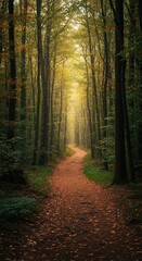 Fototapeta premium A winding path disappears into a dense forest, inviting escape and exploration, symbolizing a journey toward an unknown destination ,natural ,woods ,remote