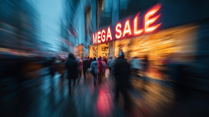 Bright Neon Mega Sale Sign on Busy City Street with Motion Blur Effect