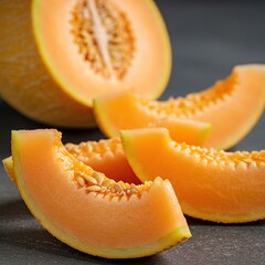 Bright orange cantaloupe slices showcase a nutritious source of vitamin C, promoting wellness and a healthy lifestyle choice ,raw ,fruit ,ripe