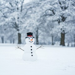 Obraz premium Freshly fallen snow blankets the ground around a charming snowman, proudly standing against a backdrop of frosty trees on a crisp January day ,winter wonderland ,winter ,nature