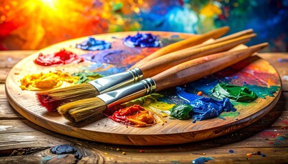Obraz premium A close-up view of a wooden palette holding vibrant paint colors and three paintbrushes. Colors yellow, red, green, blue