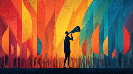 Silhouette of Person with Megaphone in Colorful Abstract Protest Scene