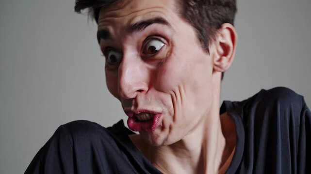 Close-up shot of a man making a humorous face, captured from a low angle. The playful expression adds a comedic touch, ideal for a lighthearted video.