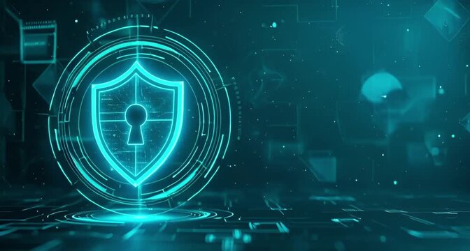 Digital shield with a keyhole, representing cybersecurity and data protection in a futuristic network animated 4k video