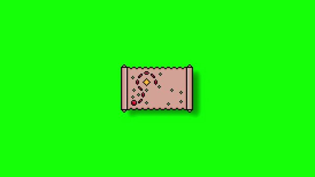Seamless Loop Retro Pixel Art Animation of an Old Scroll Unrolling to Reveal an Animated Treasure Map Path