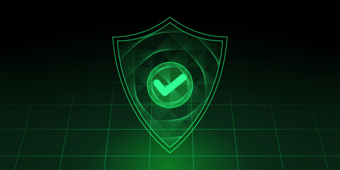 internet security concept, glowing green shield with geometric lines in the dark