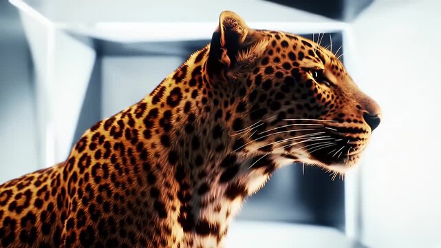 Majestic Leopard Portrait in Tunnel with Geometric White Neon Background