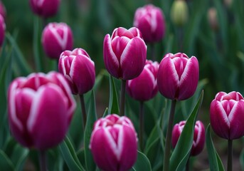 Fototapeta premium Vibrant purple tulips stand gracefully in a spring garden, their delicate petals unfolding in the soft natural light. Fresh botanical beauty ,charming ,growth ,stem