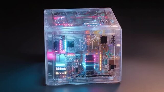 A transparent cube housing a glowing RGB-lit computer motherboard and circuitry.