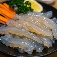 A close-up of prepared jellyfish seafood, showcasing its translucent texture and unique appearance on a restaurant dish ,unique ,protein ,jellyfish