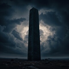 A colossal, dark, and enigmatic monolith stands tall against a swirling, dramatic, and alien-like sky, evoking mystery and power ,ancient ,dramatic ,light