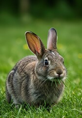 Fototapeta premium A contented rabbit is happily munching on fresh green grass in a sun-drenched, natural outdoor environment, showcasing peaceful wildlife ,chew ,happy ,small