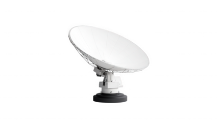 A white satellite dish antenna on a rotating mount against a stark black background in a studio shot on transparent background