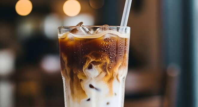 Refreshing Iced Coffee with Cream Swirls in a Glass, A Close-Up of Cold Brew Coffee with Milk and Ice Cubes on a Restaurant Table