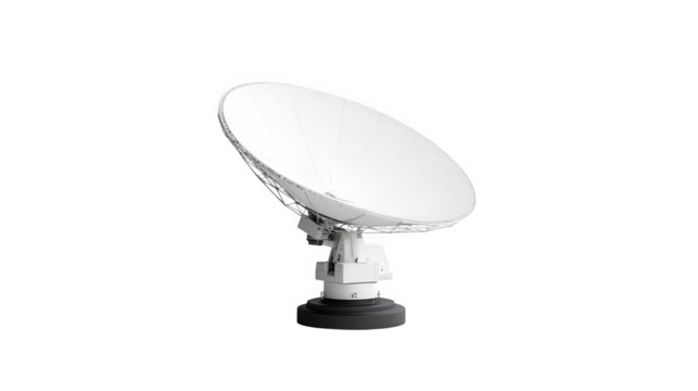 A white satellite dish antenna on a rotating mount against a stark black background in a studio shot on transparent background