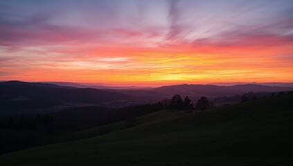 Obraz premium Crimson Sky, Rolling Hills. A Landscape of Warm Hues and Shadowed Forms.