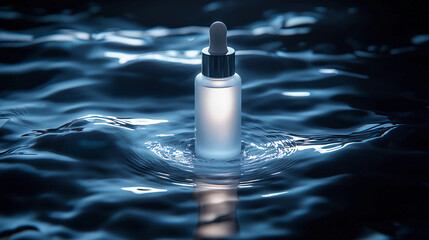 A dropper bottle floats on water, creating ripples in a serene, blue-toned environment, highlighting tranquility and beauty.