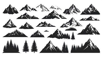 A collection of black and white illustrations featuring stylized mountain ranges and evergreen trees