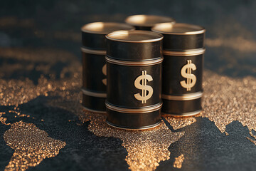 Black oil barrels with golden dollar symbols on world map representing global energy economy