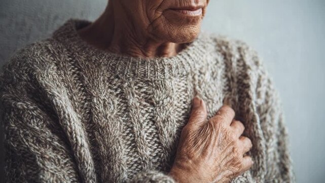 Close-up of an elderly person wearing a chunky gray knit sweater, hand resting on their chest.