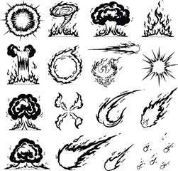 Blast and explosion set, fire silhouettes vector, hand drawn bomb designs, stock illustrations for print and animation backgrounds.