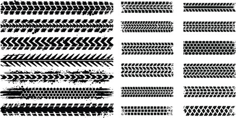 Black tire track element design collection for a seamless pattern border illustration on a white background. tire mark, Drift show, © Vector Brush