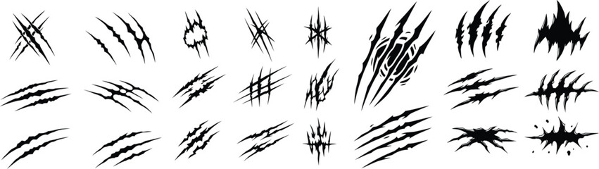 Animal claw mark illustration, tiger and bear scratches, realistic torn skin lines, isolated vector design for stock use, symbol of danger and wild attack.