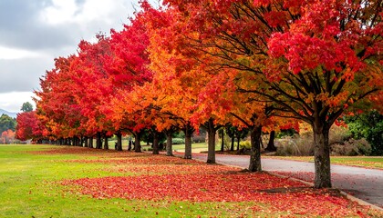 A row of trees with vibrant red and orange foliage lines a pathway covered in fallen leaves, under a cloudy sky