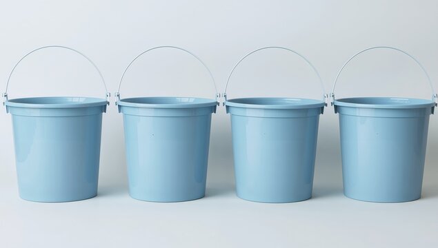 Four Pale Blue Buckets in a Row, Minimalist Design, Smooth Surface, Simple Composition.