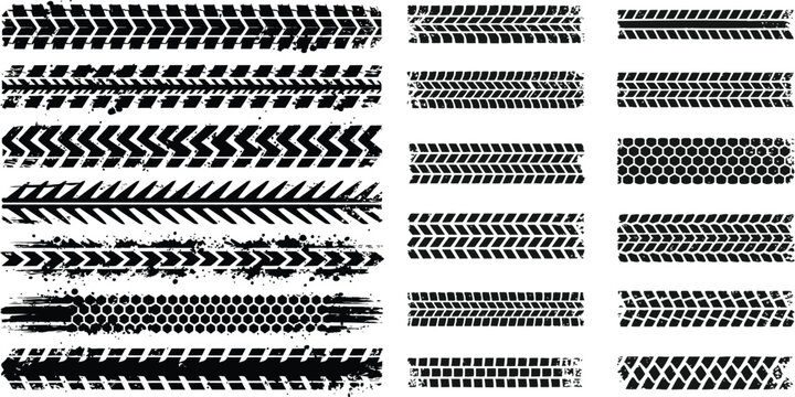 Black tire track element design collection for a seamless pattern border illustration on a white background. tire mark, Drift show,