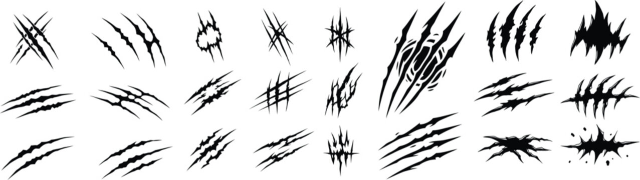 Animal claw mark illustration, tiger and bear scratches, realistic torn skin lines, isolated vector design for stock use, symbol of danger and wild attack.
