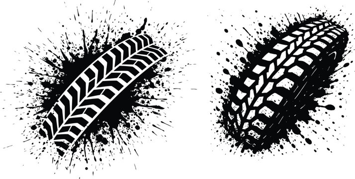 Grit and Rubber, Tire mark, The Splatter of Speed, Two aggressive tire tracks emerge from a chaotic ink splatter, capturing the raw power and dirty essence of off-road racing and rugged adventure. 