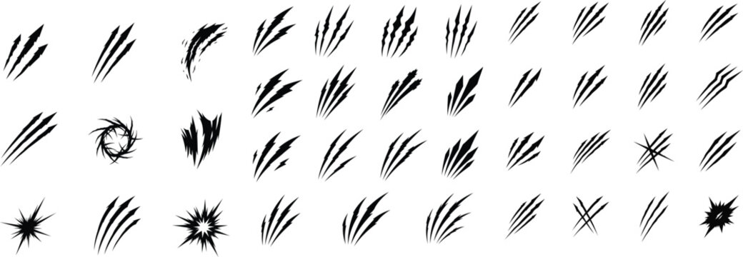 Realistic claw marks and scratches, animal paw wounds, beast attack illustration, isolated vector design for stock and graphic art themes.