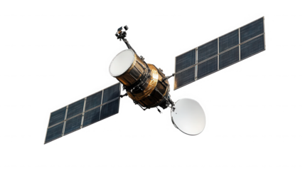 A satellite with solar panels and a dish antenna floating in the vast expanse of outer space view on transparent background